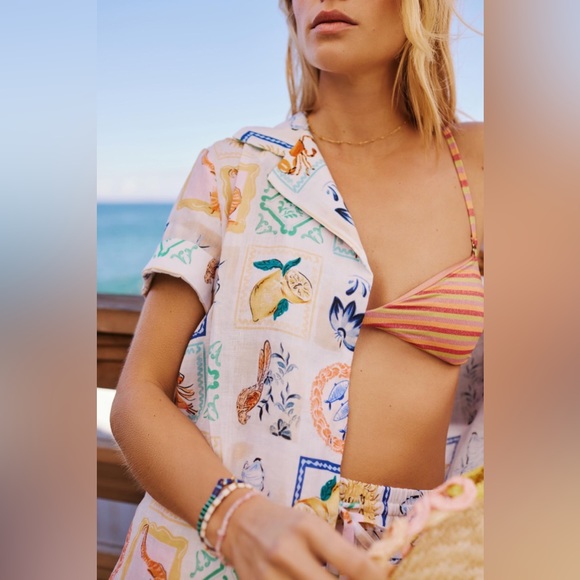 Seafolly Short-Sleeve Wish You Were Here Cover-Up Shirt in Atoll Blue Medium - Picture 2 of 11